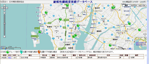 橋梁位置をプロットした地図